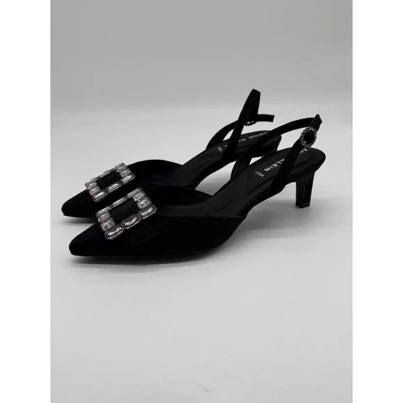 Anne Klein Akinez Black‎ Crystal Buckle Slingback Kitten Heel Pumps 7M New
