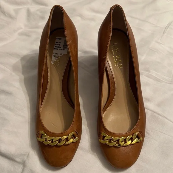 Lauren Ralph Lauren Brown Leather Pumps with Gold Chain Accent