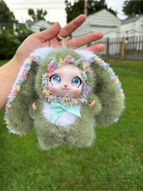 Adorable Kiwi Green BabyThree Plushie Bunny Keychain-Faux Fur with Floral Trim
