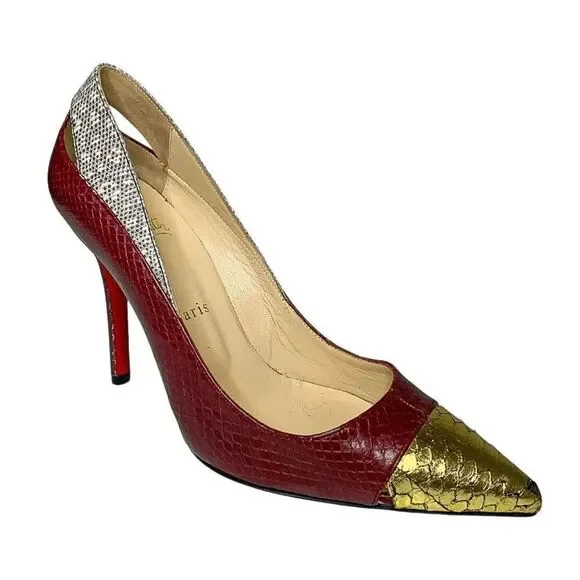 Christian Louboutin Snakeskin Embossed Cutout Pump EU 37 US 7 Red High Heels