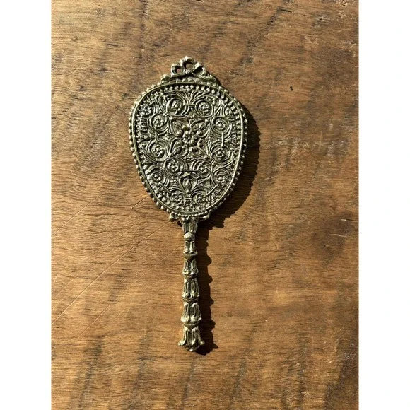 Vintage Ornate Hand Mirror Floral Scroll Gold Tone Vanity Mirror 5.5