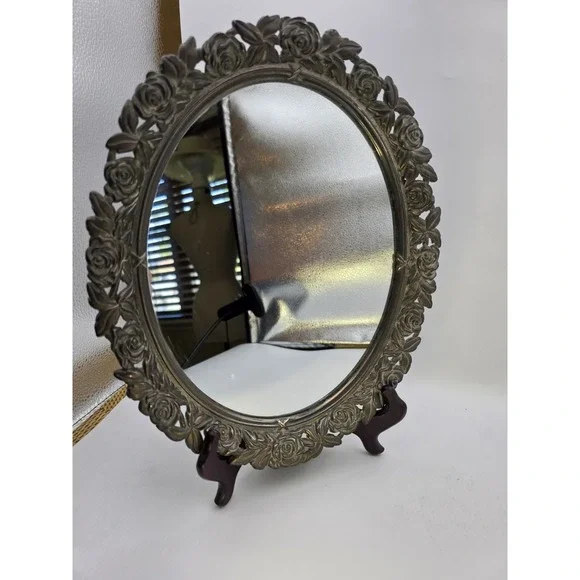 Vintage Oval Mirror Ornate‎ Rose Frame Bronze Gold Tone Vanity Decor 10