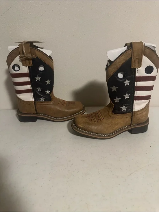 Cody James Boys Size 11D Brown USA Flag Stars Square Toe Cowboy Boots New