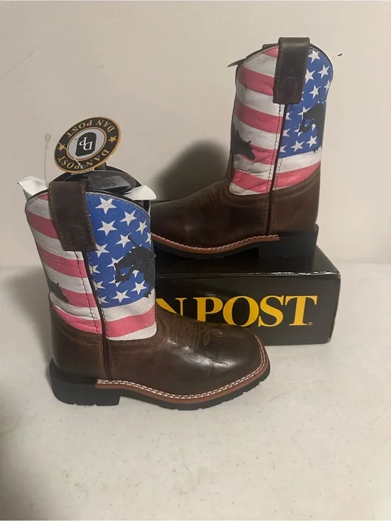 Dan Post Kids 10.5D Brown Leather American Flag Western Cowboy Boots New