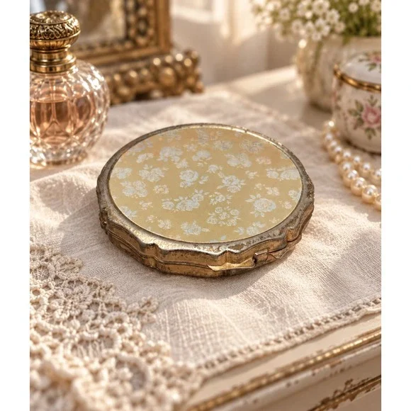 Vintage Makeup Compact Gold Tone Floral Scalloped Edge Made in Japan 3in