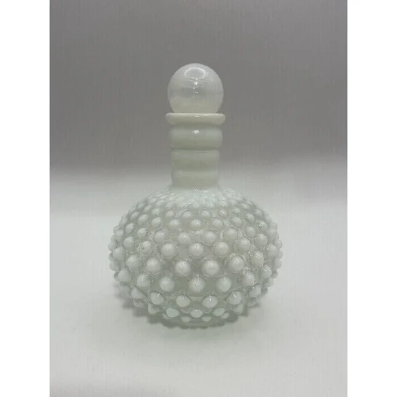 Vintage White Opalescent Hobnail Glass Perfume Decanter Bottle With Stopper
