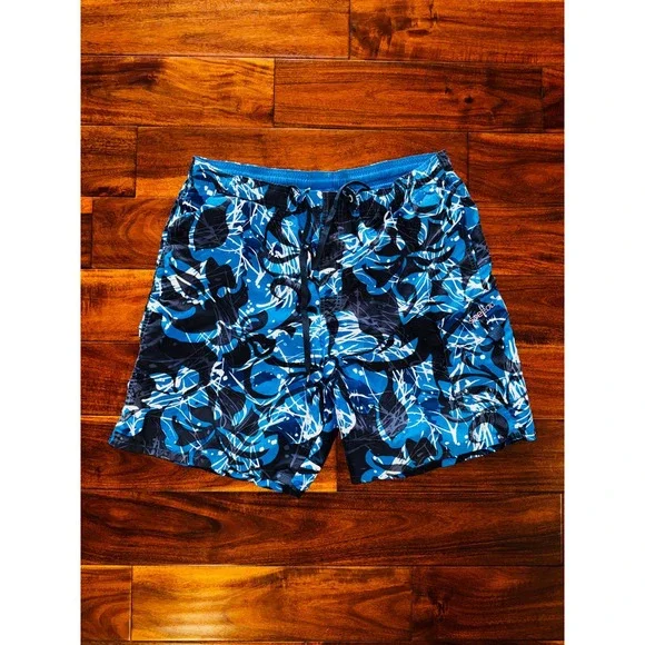 Speedo Mens Blue Abstract Print Swim Trunks Mesh Lined Cargo Pocket Board Shorts