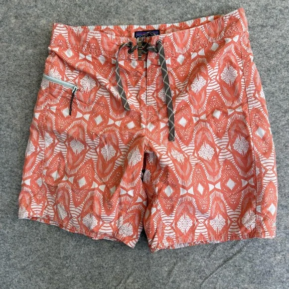 Patagonia Minimalist Wavefarer Board Shorts Mens 31 Orange Geometric Surf‎ Swim