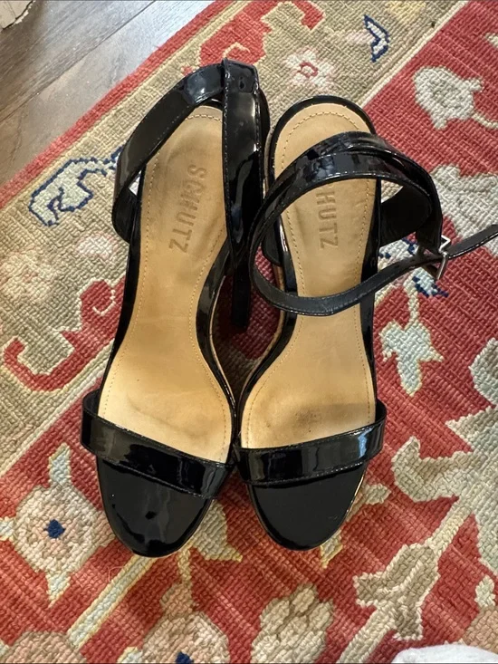 SCHUTZ Black Patent Ankle-Strap Heeled Sandals cork wedge