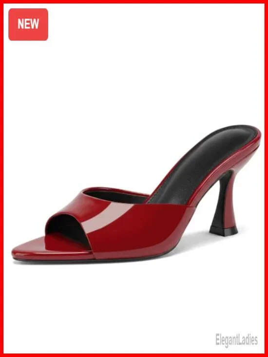 Kitten Heel Mule Sandals Pointed Peep Toe Patent Faux Leather Slip On Dress