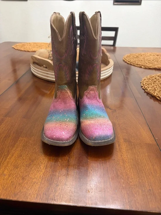 Roper Kids Rainbow Glitter Western Boots - Pink Blue Brown
