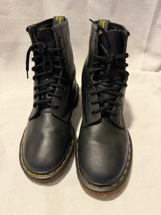 Dr. Martens Black Leather Lace-Up Combat Boots with‎ Yellow Stitching sku182