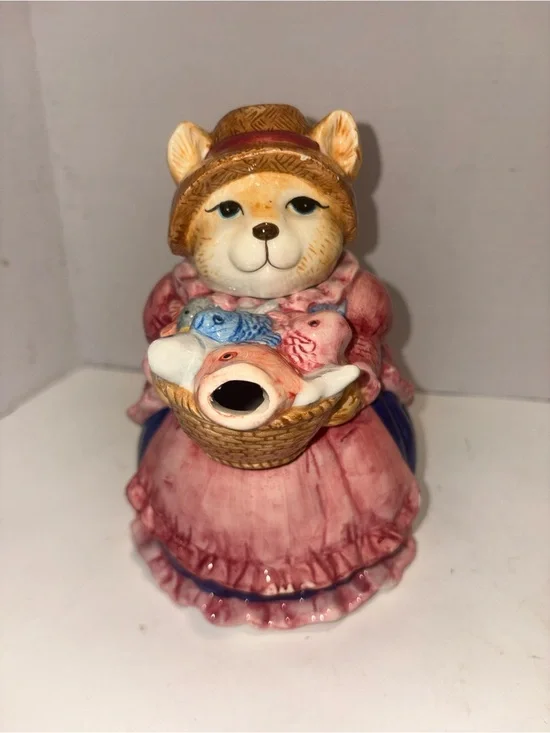 Hand-Painted Pink Ceramic Cat Figurine with Basket of Fish Teapot- Vintage
