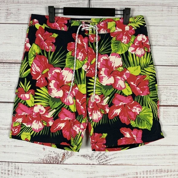 J Crew Swim Trunks Mens 32 Red Black Floral 9