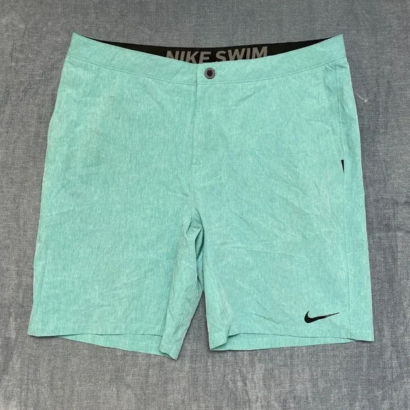 Nike Swim Board Shorts 38 Aqua Green Swoosh Logo Flat Front Slash Pockets Summer