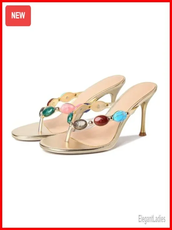 Jeweled Heeled Thong Sandals Beaded Flip Flop Summer Stiletto Faux Leather