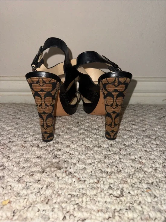 Coach Black Leather Strappy Heels with Signature Logo Block Heels