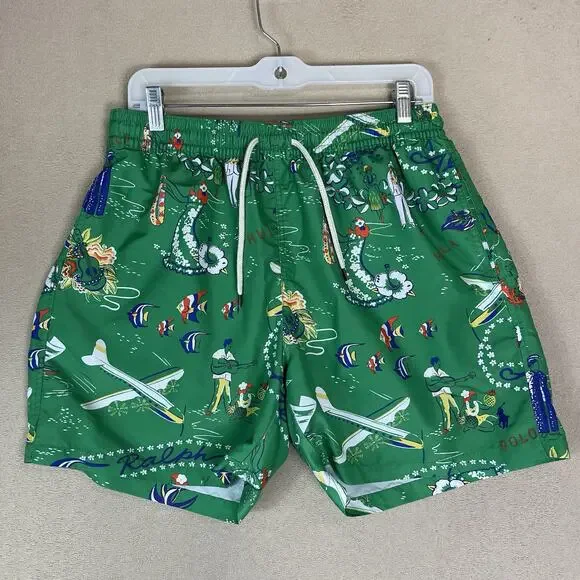 Polo Ralph Lauren Short Mens L Green‎ Hawaiian Traveler Lined Swim Trunk 5.5
