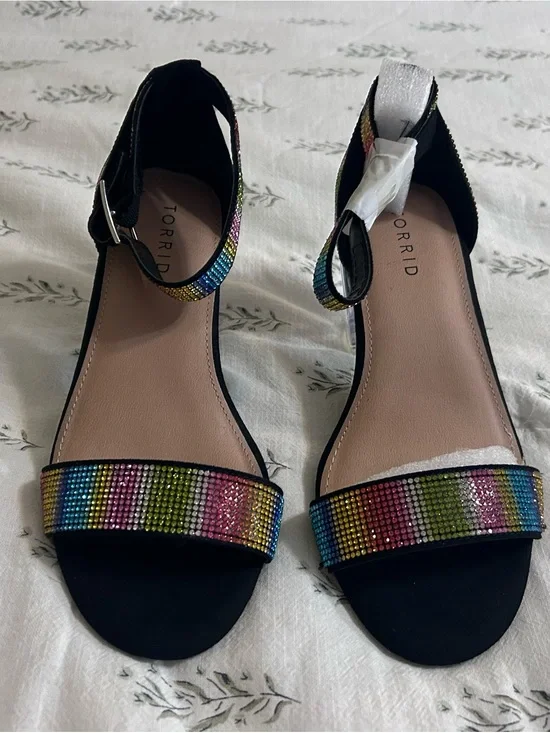 Women’s Torrid Black Sandals with Rainbow Rhinestone Straps Size 8