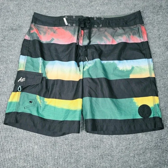 American Eagle Mens XXL‎ Striped Watercolor Board Shorts Swim Trunks Black Green