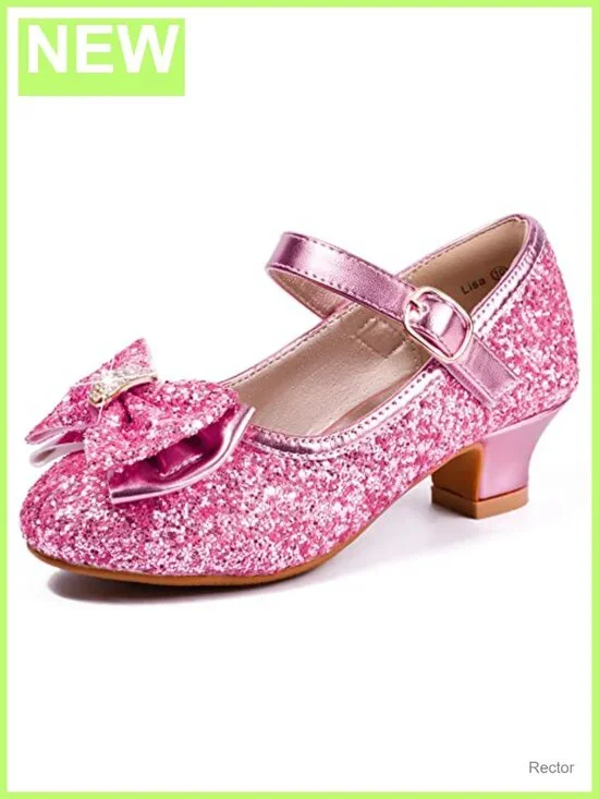Girls Sparkle Sequin Mary Jane Heels Hook & Loop Dress Shoes