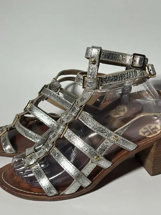 Tory Burch Reggie Silver Metallic Leather Gladiator Sandals Size 8M