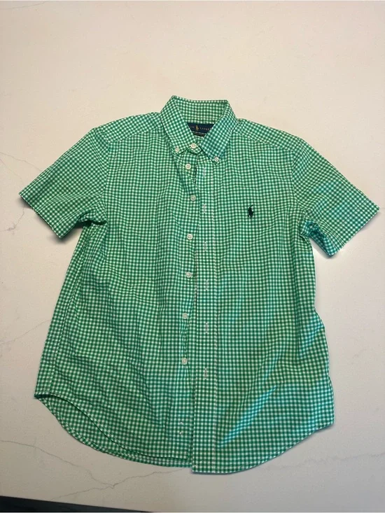 Ralph Lauren Green Gingham Short-Sleeve Button-Down Shirt Size 10-12