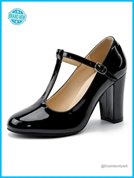 Women's T-Strap Mary Jane Pumps Chunky Heel Round Toe Dress Shoes
