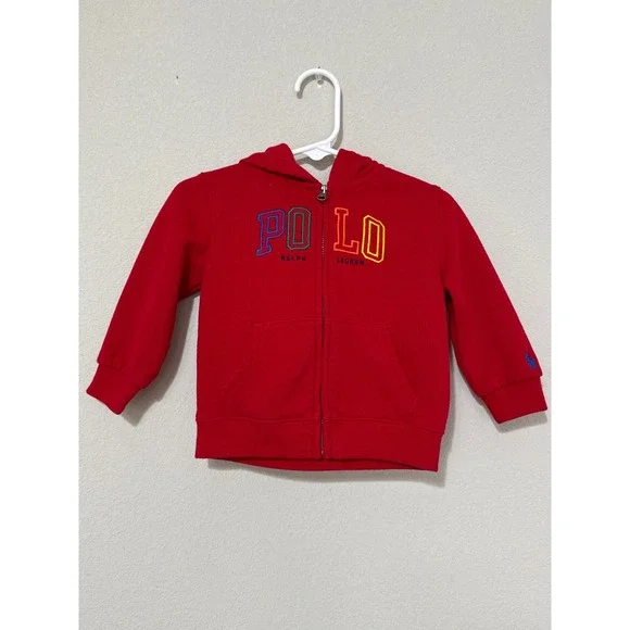 Ralph Lauren Red Zip Up‎ Logo Spell Out Embroidered Hoodie Baby Boy 12 Months