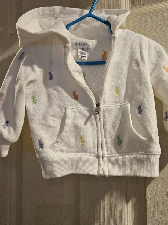 Ralph Lauren Baby White Terry Hoodie Embroidered Rainbow Pony Size 9M