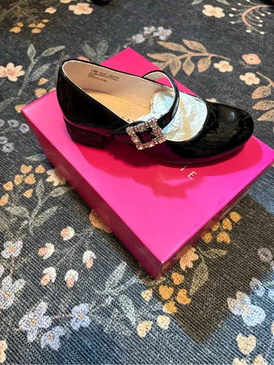 Girls black sequin heeled dress shoes