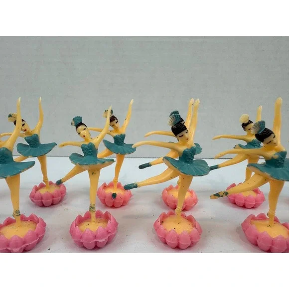 12 Vintage Plastic Ballerina Cake Toppers Teal Pink Lotus Base Party Favors