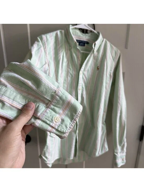 Ralph Lauren Womens 12 Slim Fit Green Striped Oxford Shirt Pony Button Down