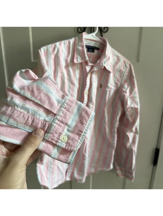 Ralph Lauren Womens 12 Slim Fit Pink Striped Oxford Shirt Pony Button Down