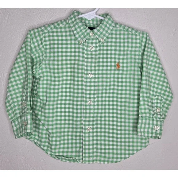 Boys Ralph Lauren Size 18 Months Green Gingham Button-Up Shirt Orange Pony Logo