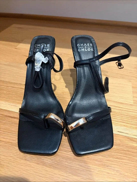 Chase + Chloe (from vestique) Black Strappy Heeled Sandals with Gold Buckle