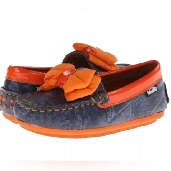 Venettini Toddler Girls Size EUR 24 US 8 Orange & Blue Loafer Bow Flat Shoes