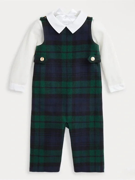 Ralph Lauren Baby Boy Interlock Bodysuit & Plaid Overall Set - Size 6M