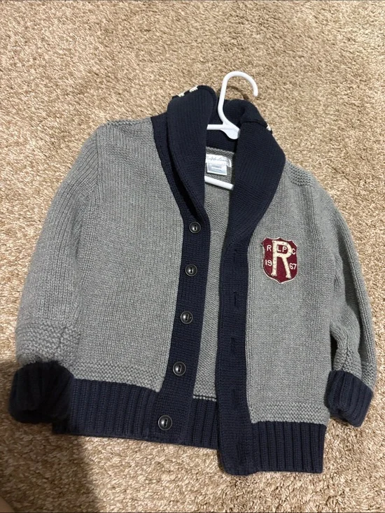 Ralph Lauren Gray and Navy Shawl Collar Kids Cardigan with Crest