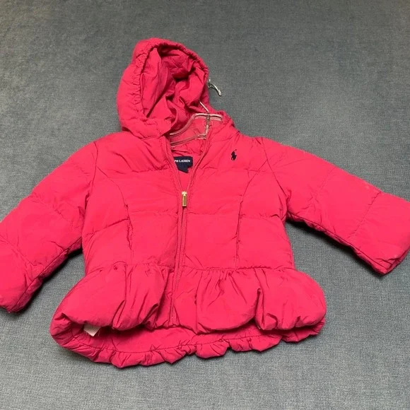 Ralph Lauren Puffer Jacket Girls 18M Pink Ruffle Hem Pony Logo Full‎ Zip Hooded