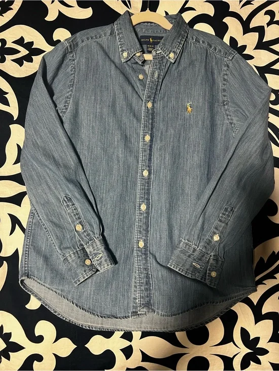 Ralph Lauren Boys' Denim Button-Down Shirt in Faded Blue with Yellow Pony