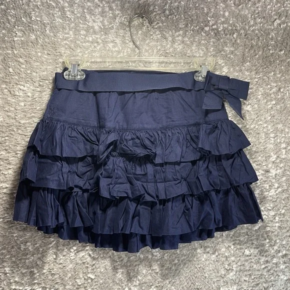 Ralph Lauren Girls Navy Tiered Pull On Ruffle Skirt Belted Sz 12 Preppy‎