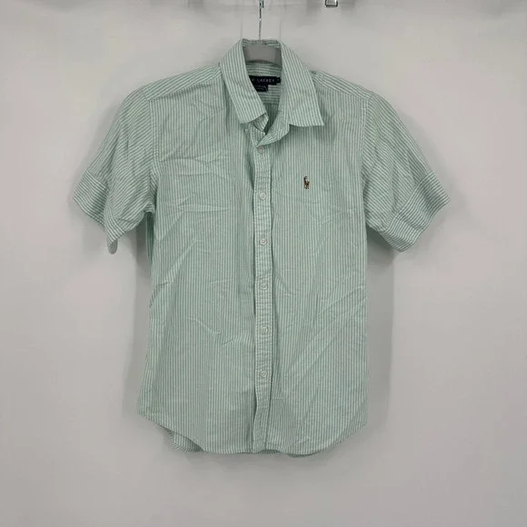 Ralph Lauren Kid Prepppy Green White Striped Short Sleeve Button Down Shirt Sz 4