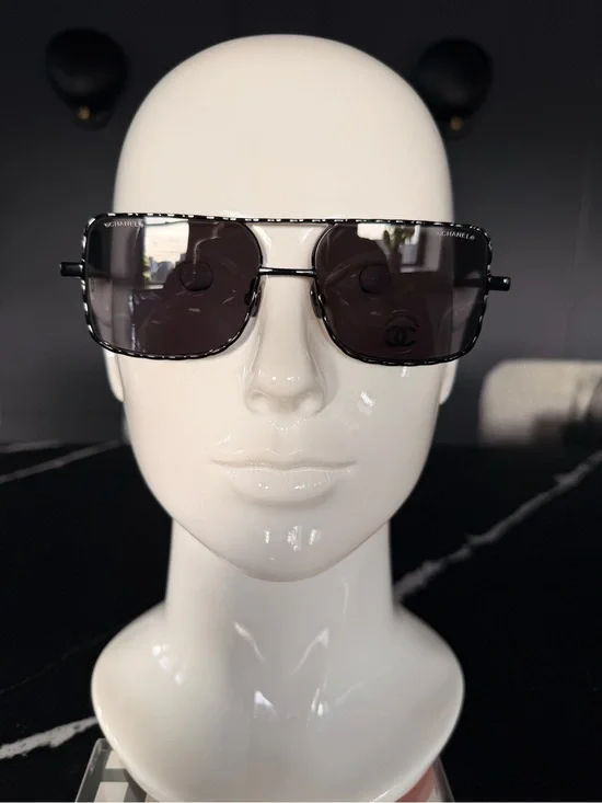 CHANEL Black and Silver Square Aviator Sunglasses