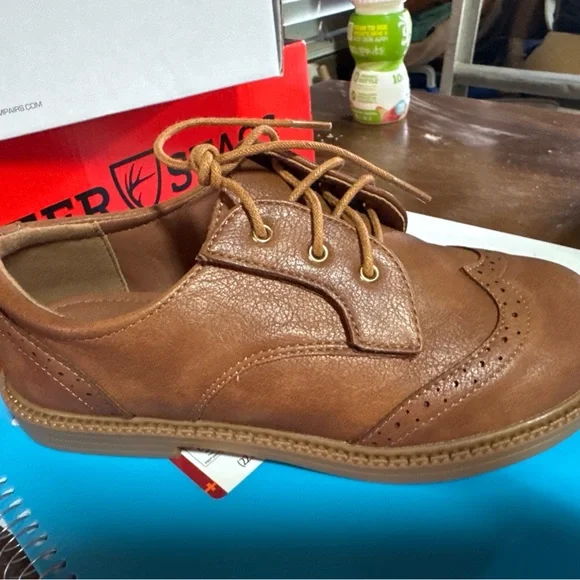 Boy’s Brown Leather Wingtip Lace-Up Shoes with Velcro Lace-Up