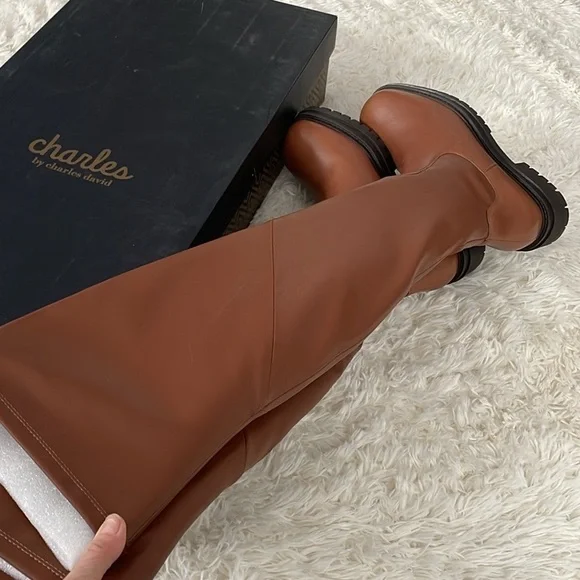 NIB Charles David cognac thighhigh soft leather boots 2” rubber heel side zipper