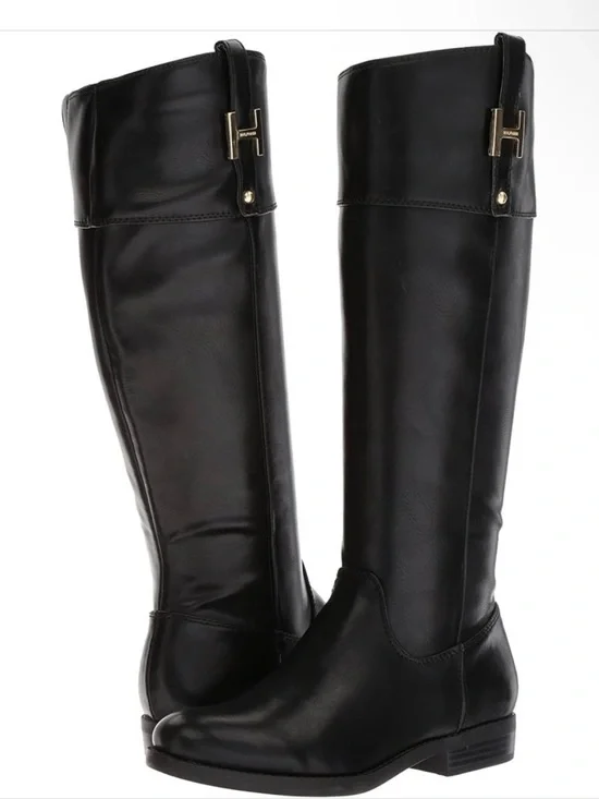 Tommy Hilfiger Shyenne-3 Black knee high Leather Boots with Gold Accent