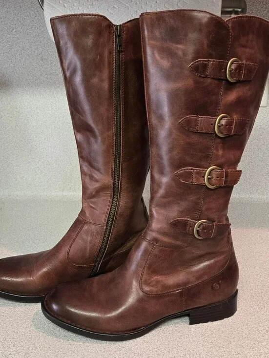 Women's Born Brown Tall Leather Buckle Riding Boots D76016, Size 8.5M