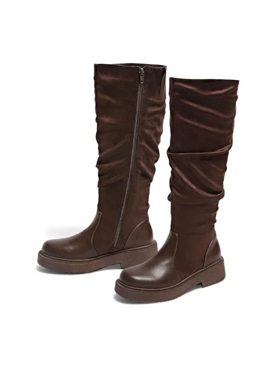 Brown Faux Suede Knee High Slouch Boots Side Zip