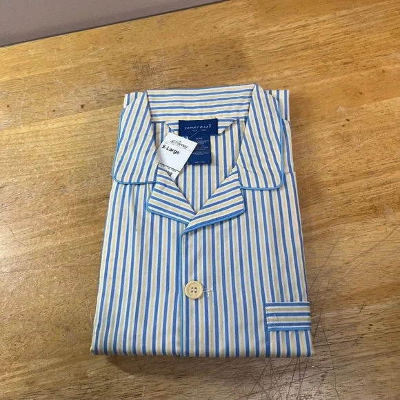 Towncraft Pajama Top Mens XL Blue Yellow Vtg Style Striped Long Sleeve NWT